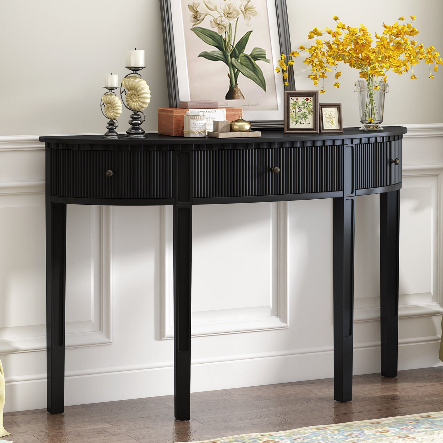 Distinctive Features of Pine Veneer Console Table with Vertical Stripe Drawer Fronts and Four Legs