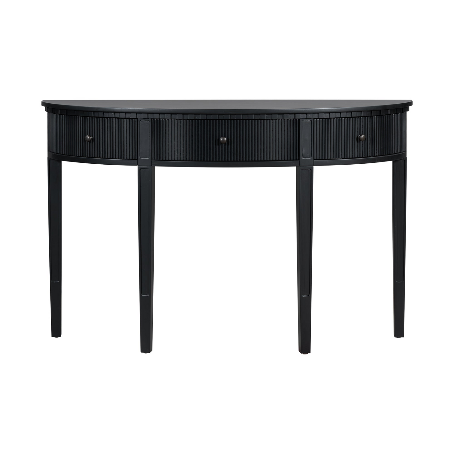 Distinctive Features of Pine Veneer Console Table with Vertical Stripe Drawer Fronts and Four Legs