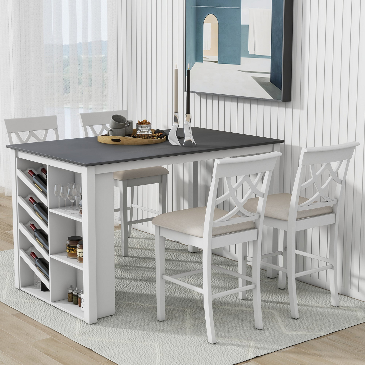 Updated Counter Height 5-piece Solid Wood Dining Table Set, 59*35.4Inch Table with Curved Wine Rack and 4 Upholstered Chairs, White