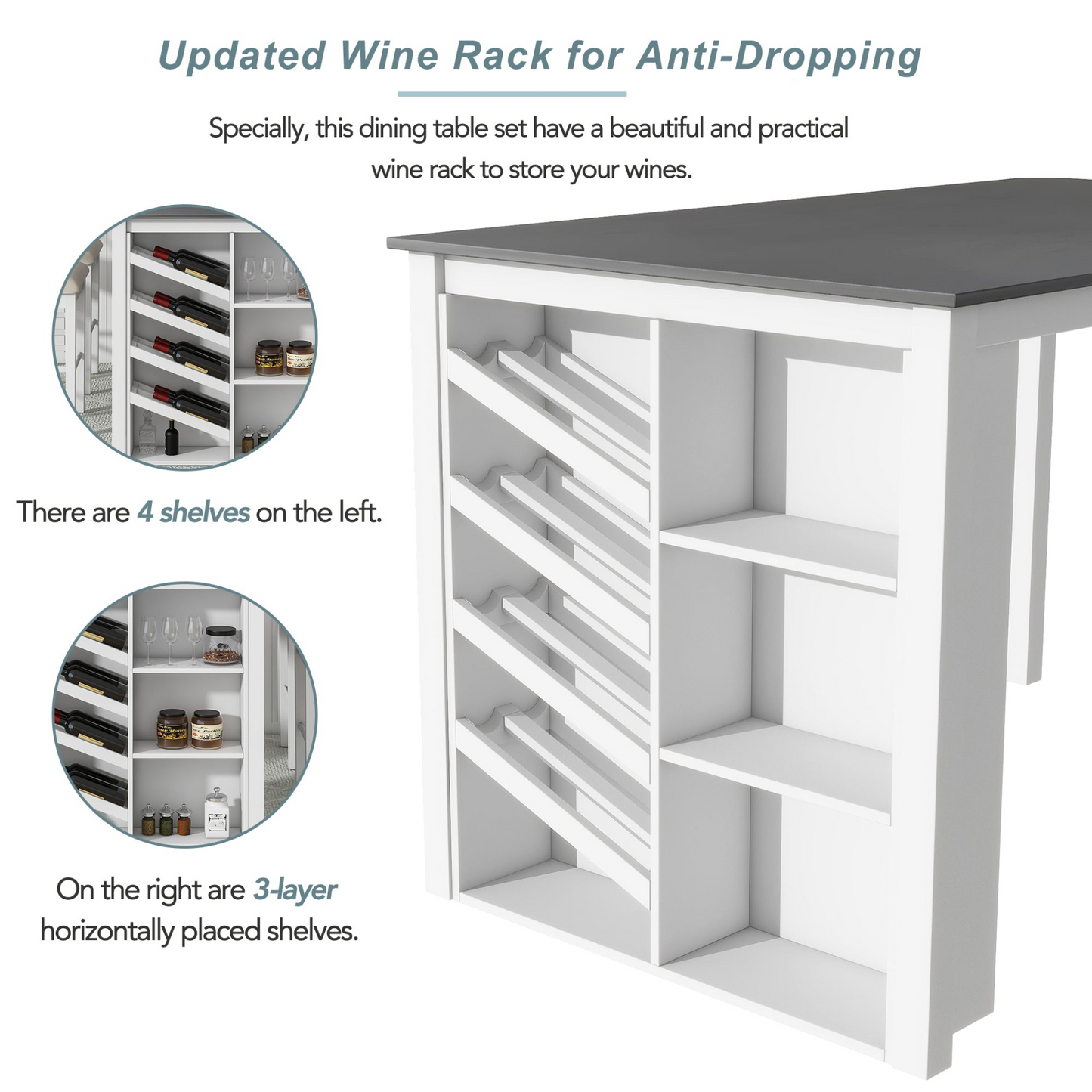 Updated Counter Height 5-piece Solid Wood Dining Table Set, 59*35.4Inch Table with Curved Wine Rack and 4 Upholstered Chairs, White