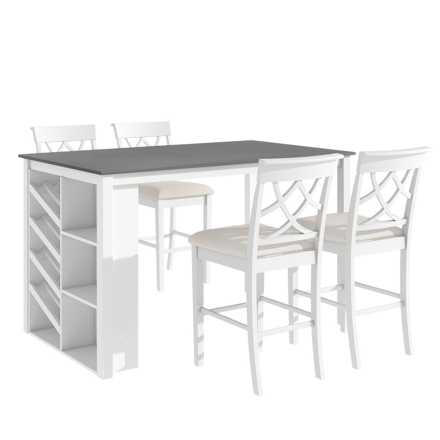 Updated Counter Height 5-piece Solid Wood Dining Table Set, 59*35.4Inch Table with Curved Wine Rack and 4 Upholstered Chairs, White