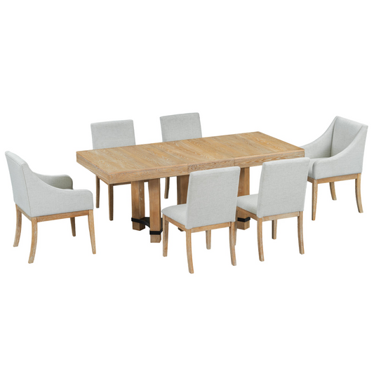 Rustic 7-Piece 76.4inch Extendable Dining Table Set with 18inch Removable Leaf, 2 Arm Chairs and 4 Armless Chairs, Natural