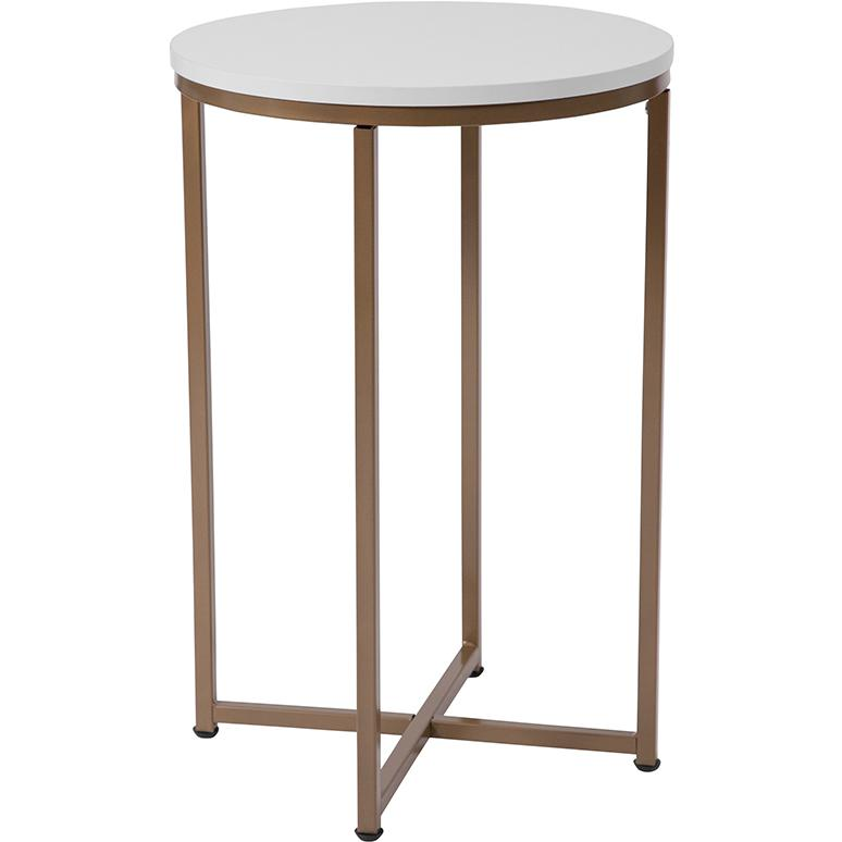 End Table - Modern White Finish Accent Table with Crisscross Brushed Gold Frame