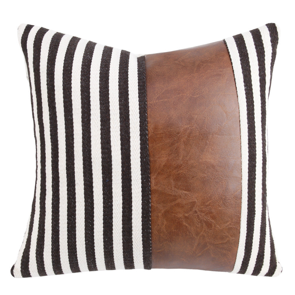 Nordic Style PU Leather Stitching Thick Stripe Pillow Cover