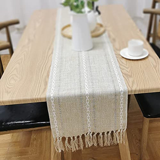 Elegant Hand Woven Cotton Linen Dining Table Runner w/Tassels