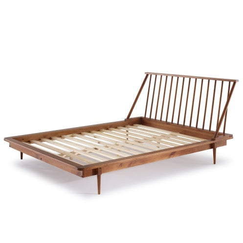 Mid-Century Queen Platform Bed Frame w/Spindle Headboard