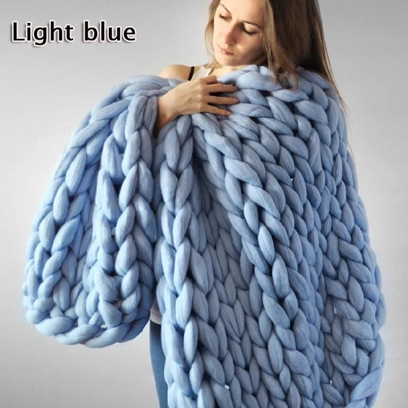 Large Warm Hand-Knitted Blanket Soft Wool Thick Line Yarn Winter Chunky Sofa Throw