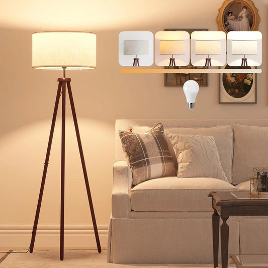 Wood Tripod Floor Lamp w/Beige Linen Shade, Three-Color Bulb Included