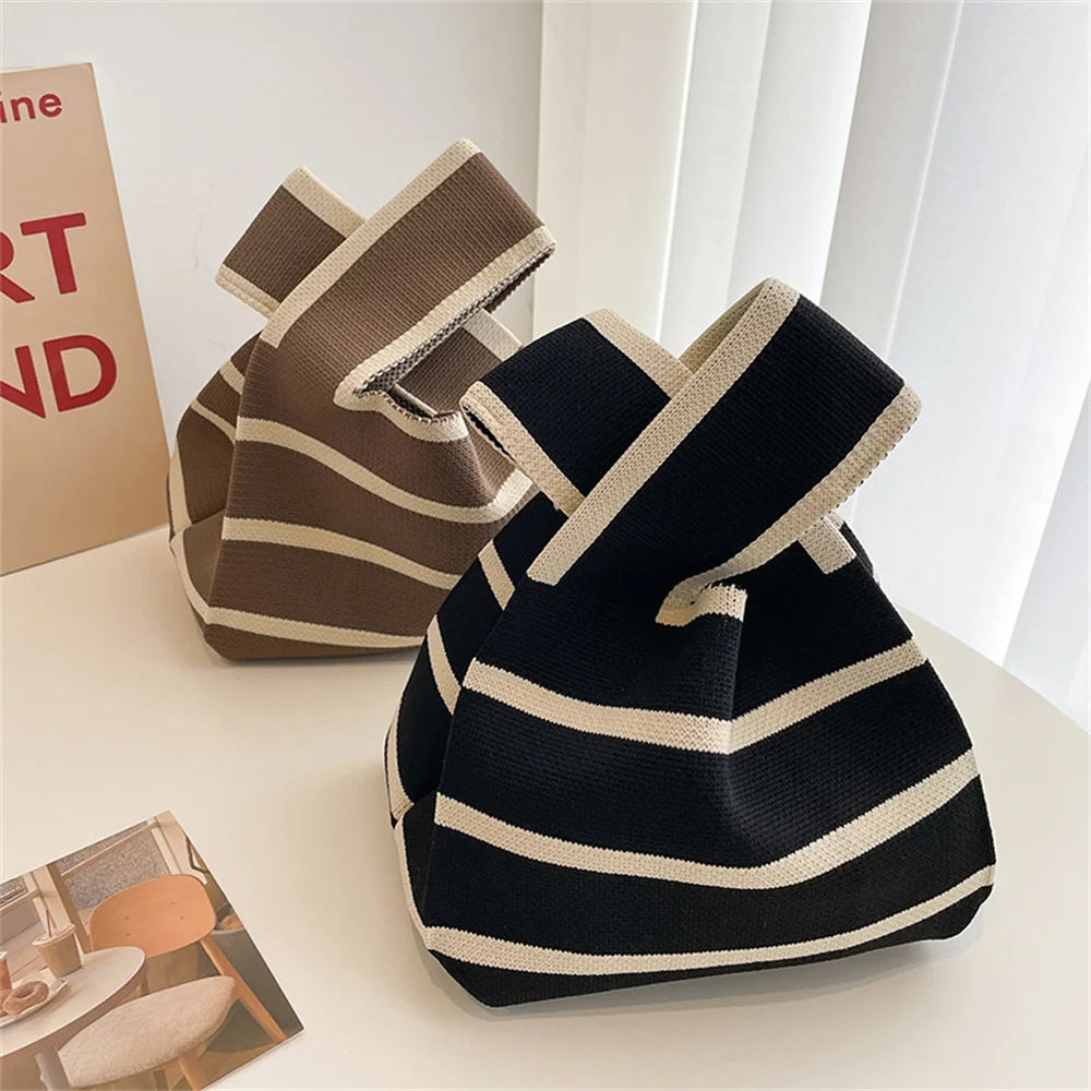 New Wide Striped Handmade Knitted Handbag -Minimalist Mini Knot Wrist Bag / Tote Bag / Reusable Shopping Bags