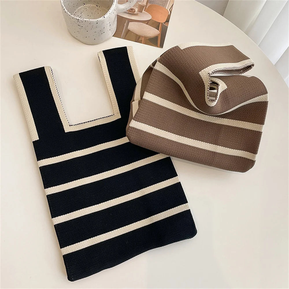 New Wide Striped Handmade Knitted Handbag -Minimalist Mini Knot Wrist Bag / Tote Bag / Reusable Shopping Bags