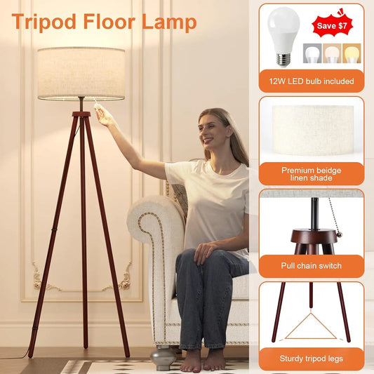 Wood Tripod Floor Lamp w/Beige Linen Shade, Three-Color Bulb Included