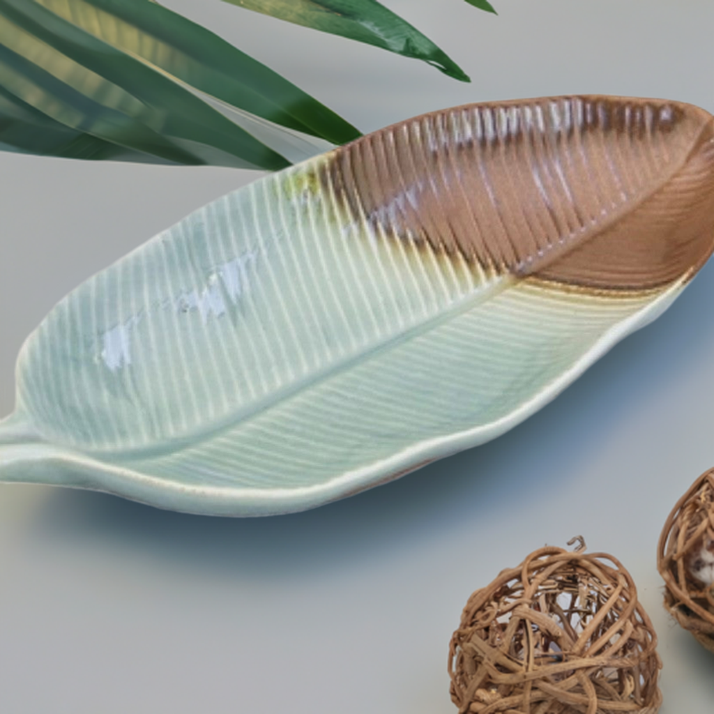 Nature Present -Leaf-Shaped Celadon Ceramic Platter from Thailand