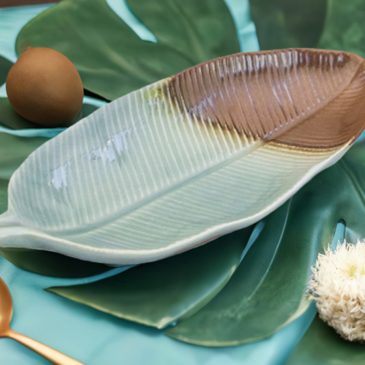 Nature Present -Leaf-Shaped Celadon Ceramic Platter from Thailand