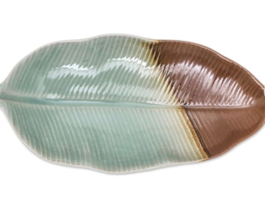 Nature Present -Leaf-Shaped Celadon Ceramic Platter from Thailand