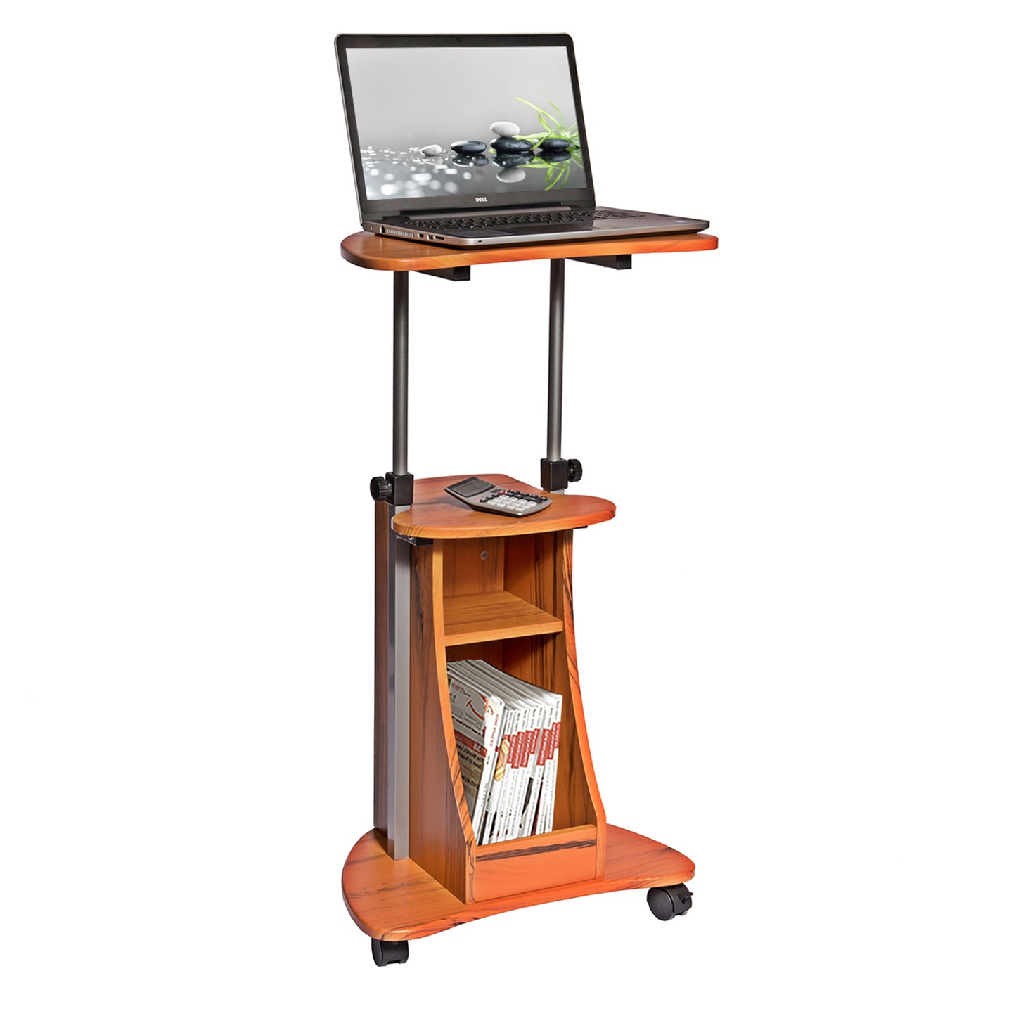 Techni Mobili Sit-to-Stand Rolling Adjustable Height Laptop Cart With Storage, Woodgrain