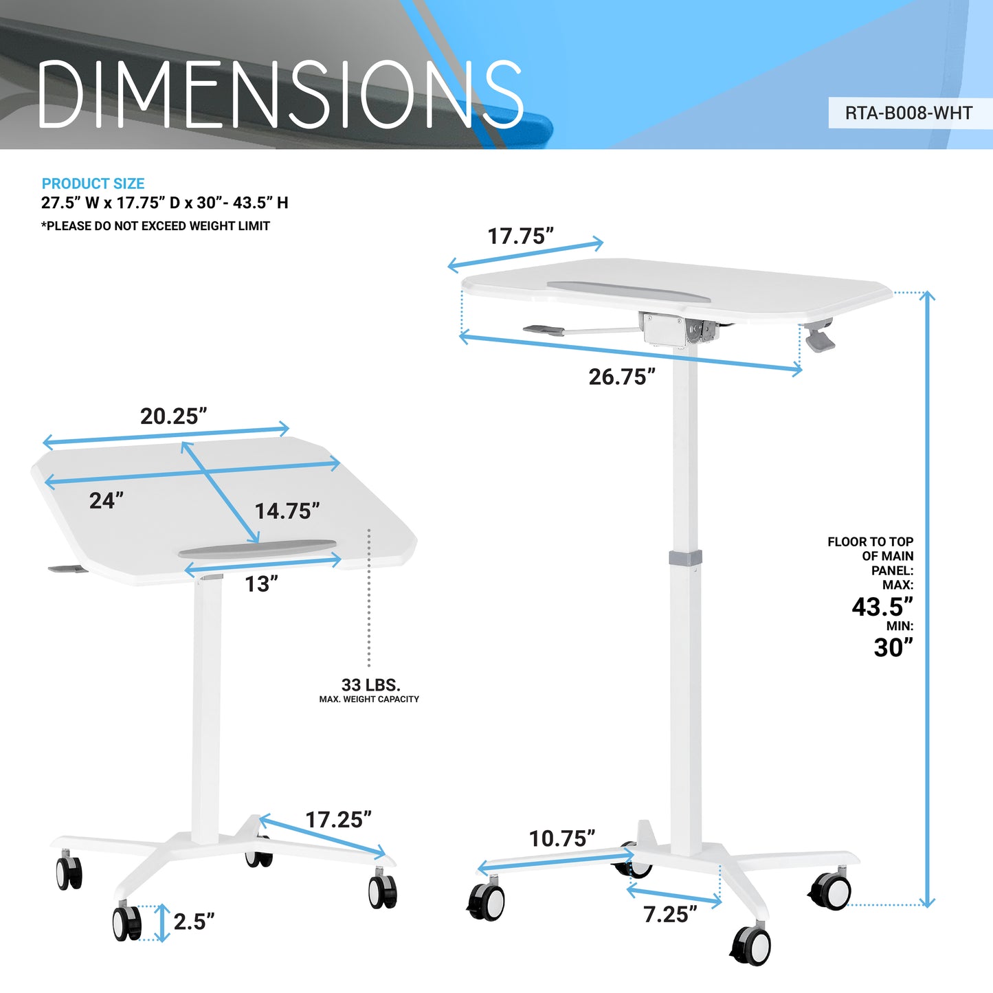 Techni Mobili Sit-to-Stand Laptop Computer Stand w/Height Adjustable and Tiltable Tabletop