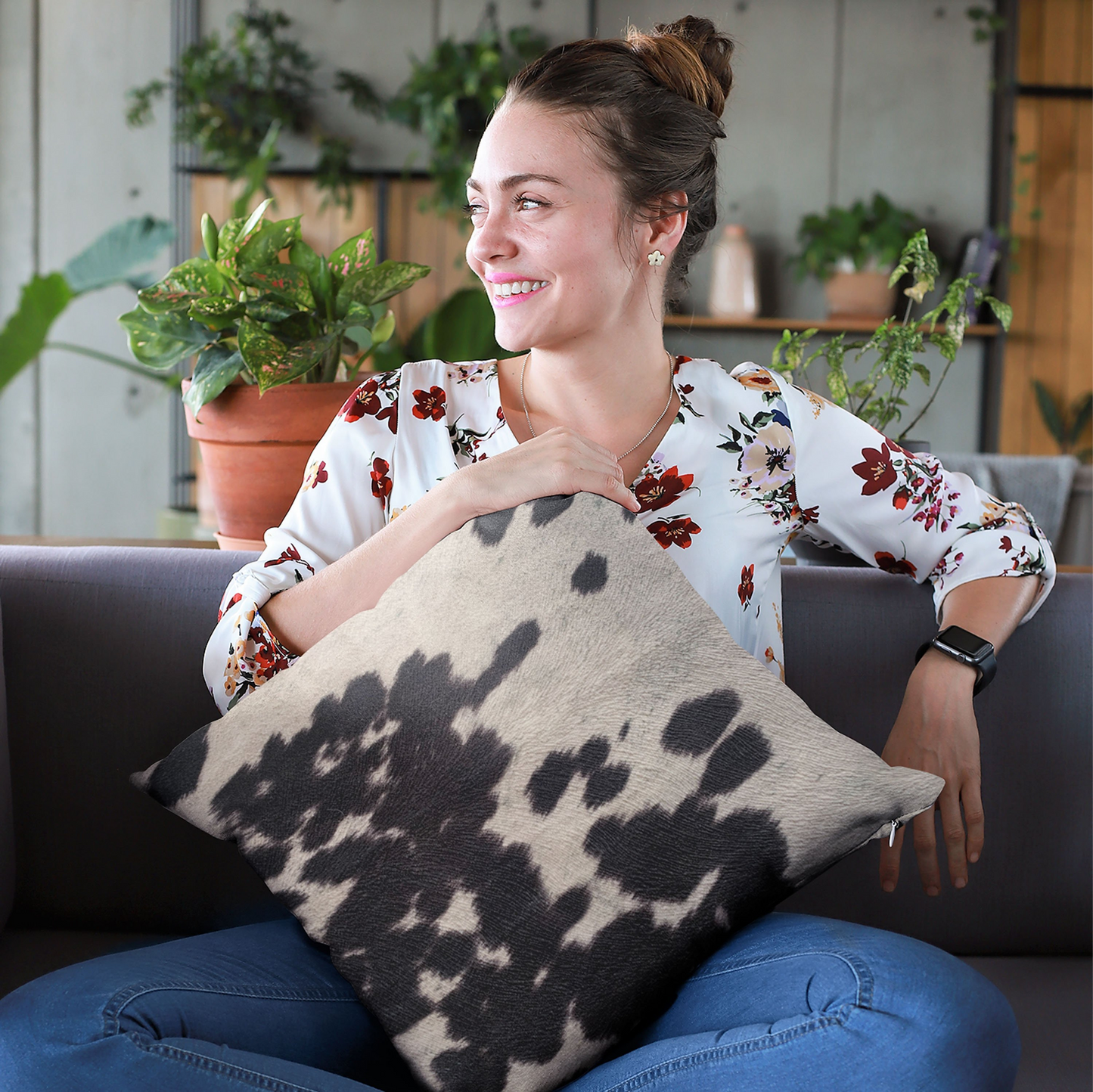 Black Cowhide Throw Pillow