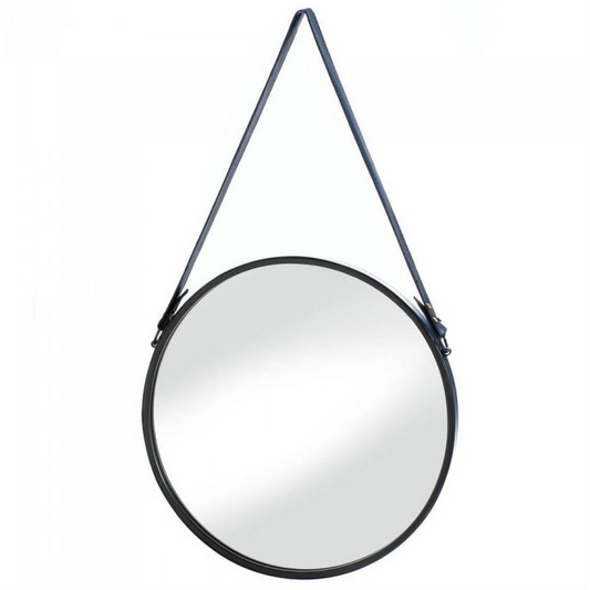 Round Hanging Wall Mirror with Faux Leather Strap