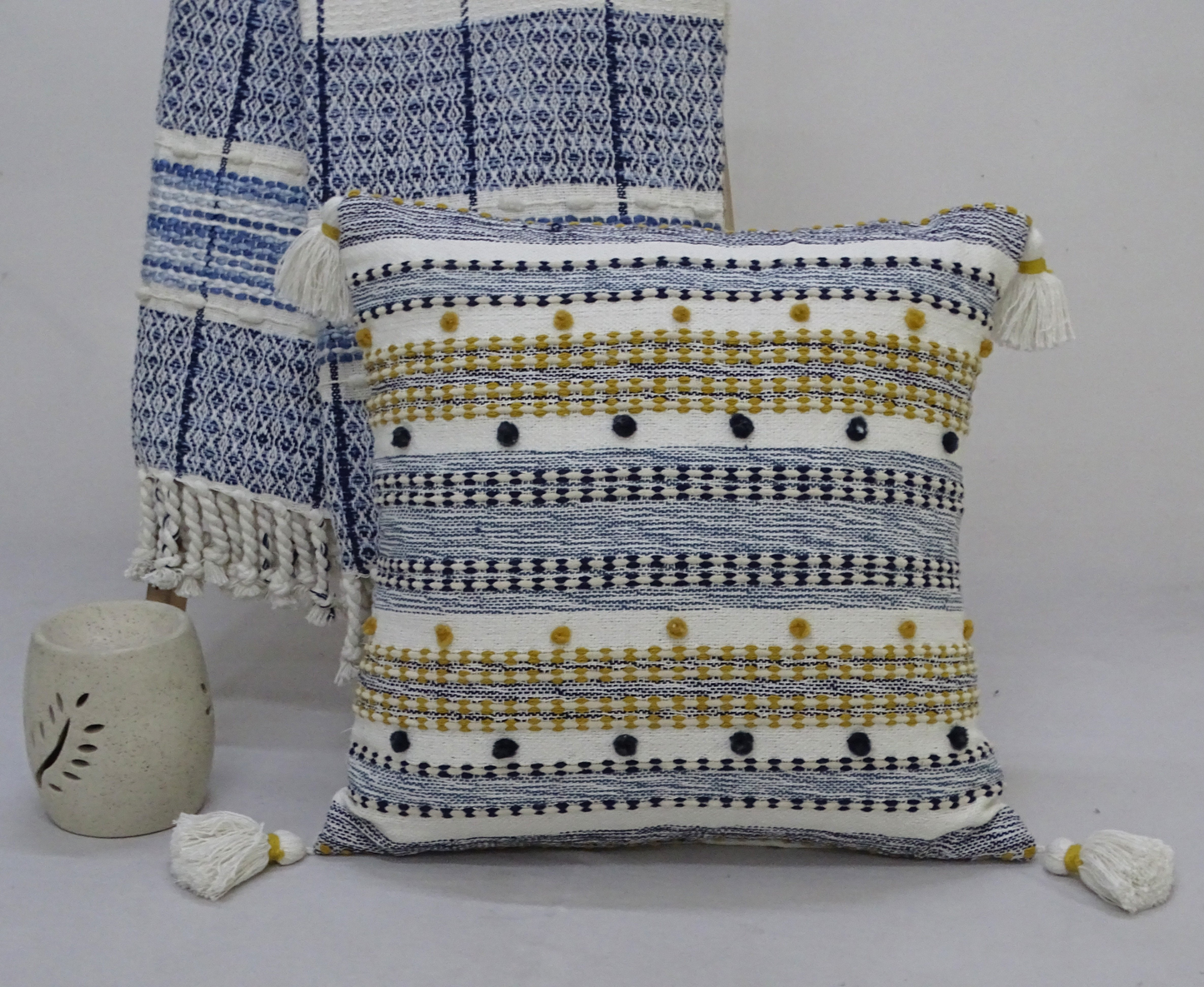 Striped Pillow w/Mini Poms and Tassels