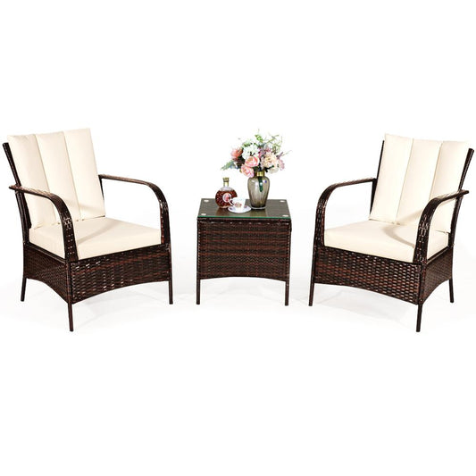 3pc. Patio Rattan Furniture Set/ Table & 2 Chairs with Cushions