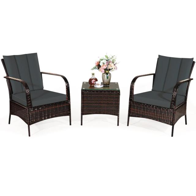 3pc. Patio Rattan Furniture Set/ Table & 2 Chairs with Cushions