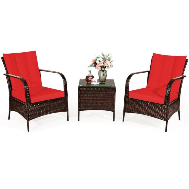 3pc. Patio Rattan Furniture Set/ Table & 2 Chairs with Cushions