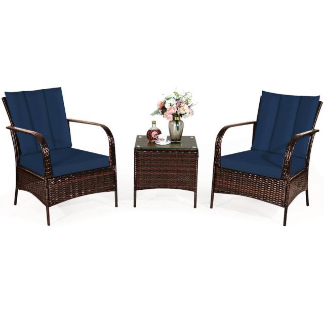 3pc. Patio Rattan Furniture Set/ Table & 2 Chairs with Cushions