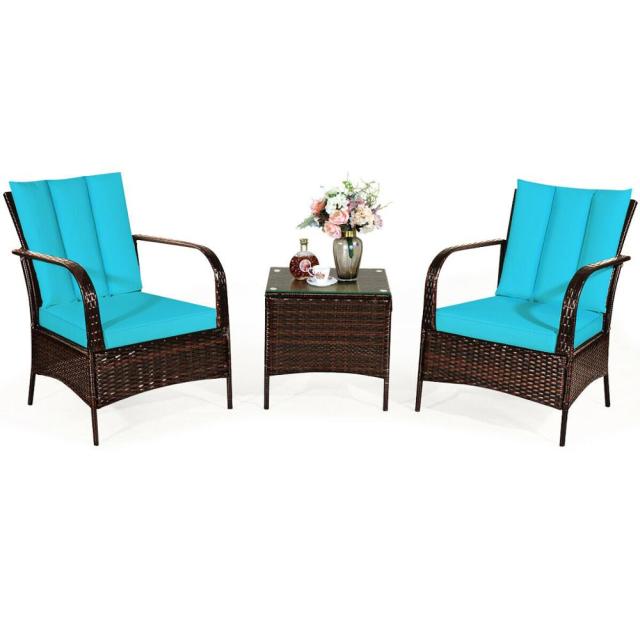 3pc. Patio Rattan Furniture Set/ Table & 2 Chairs with Cushions