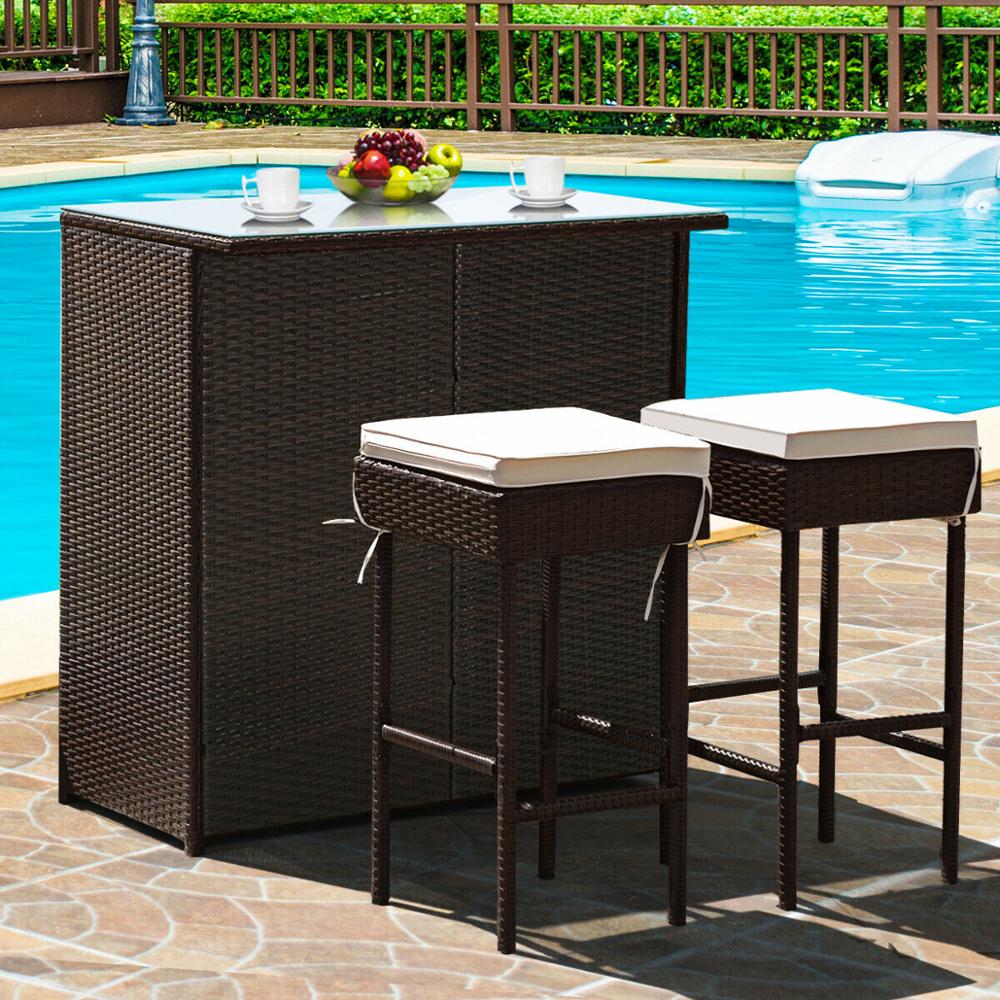 Patio Rattan Wicker Bar Set/ Table and 2 Cushion Stools