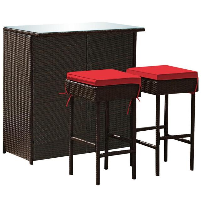 Patio Rattan Wicker Bar Set/ Table and 2 Cushion Stools