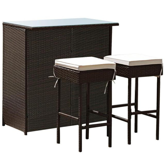 Patio Rattan Wicker Bar Set/ Table and 2 Cushion Stools