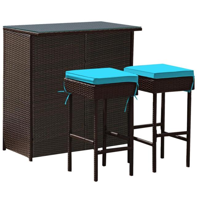 Patio Rattan Wicker Bar Set/ Table and 2 Cushion Stools