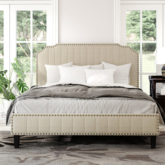 Modern Linen Curved Upholstered Platform Bed (Full / Queen / King)
