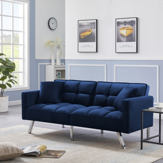 Tufted Futon-Sleeper Sofa with Arms and 2 Pillows