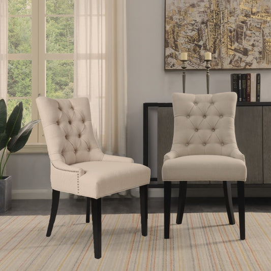 Upholstered-Tufted Dining Chairs/ Padded Chair w/Armrest, Wood Legs and Nailed Trim (Set of 2)