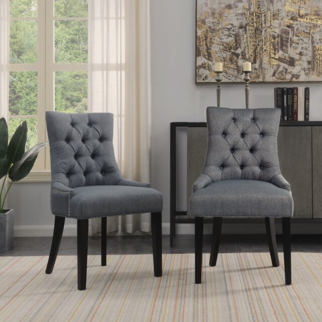 Upholstered-Tufted Dining Chairs/ Padded Chair w/Armrest, Wood Legs and Nailed Trim (Set of 2)