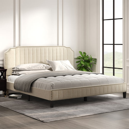 Modern Linen Curved Upholstered Platform Bed (Full / Queen / King)