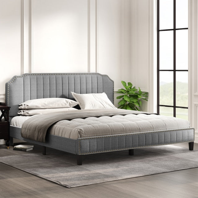 Modern Linen Curved Upholstered Platform Bed (Full / Queen / King)