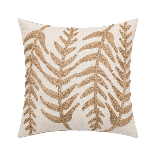 Embroidery Leaves Throw Pillow Cover/ Linen/ Beige/ Green Solid