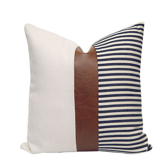 Patchwork Throw Pillow Cover/ Linen-Cotton & Faux Leather