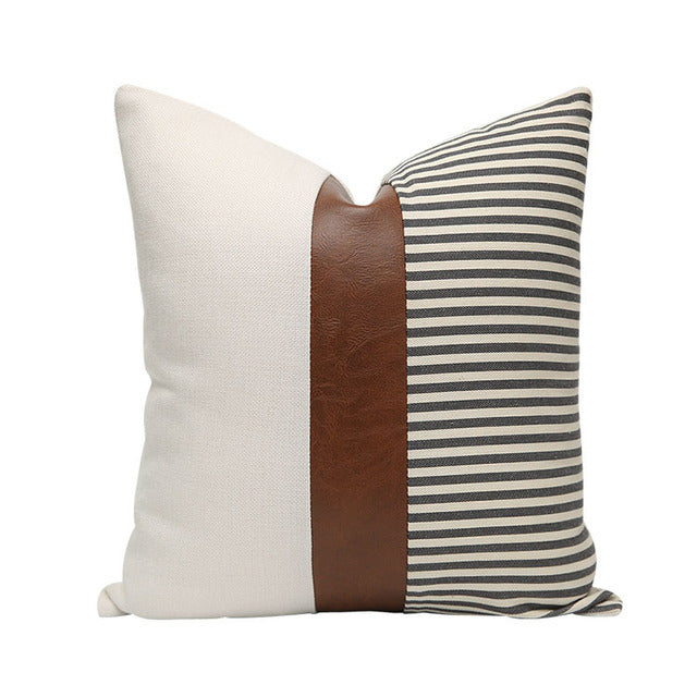 Patchwork Throw Pillow Cover/ Linen-Cotton & Faux Leather